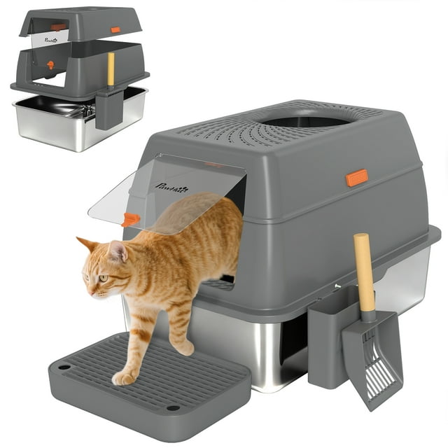 PawHut Bac à Litière pour Chat en Acier Inoxydable 80 L TG avec Couvercle, Entrée Avant/top