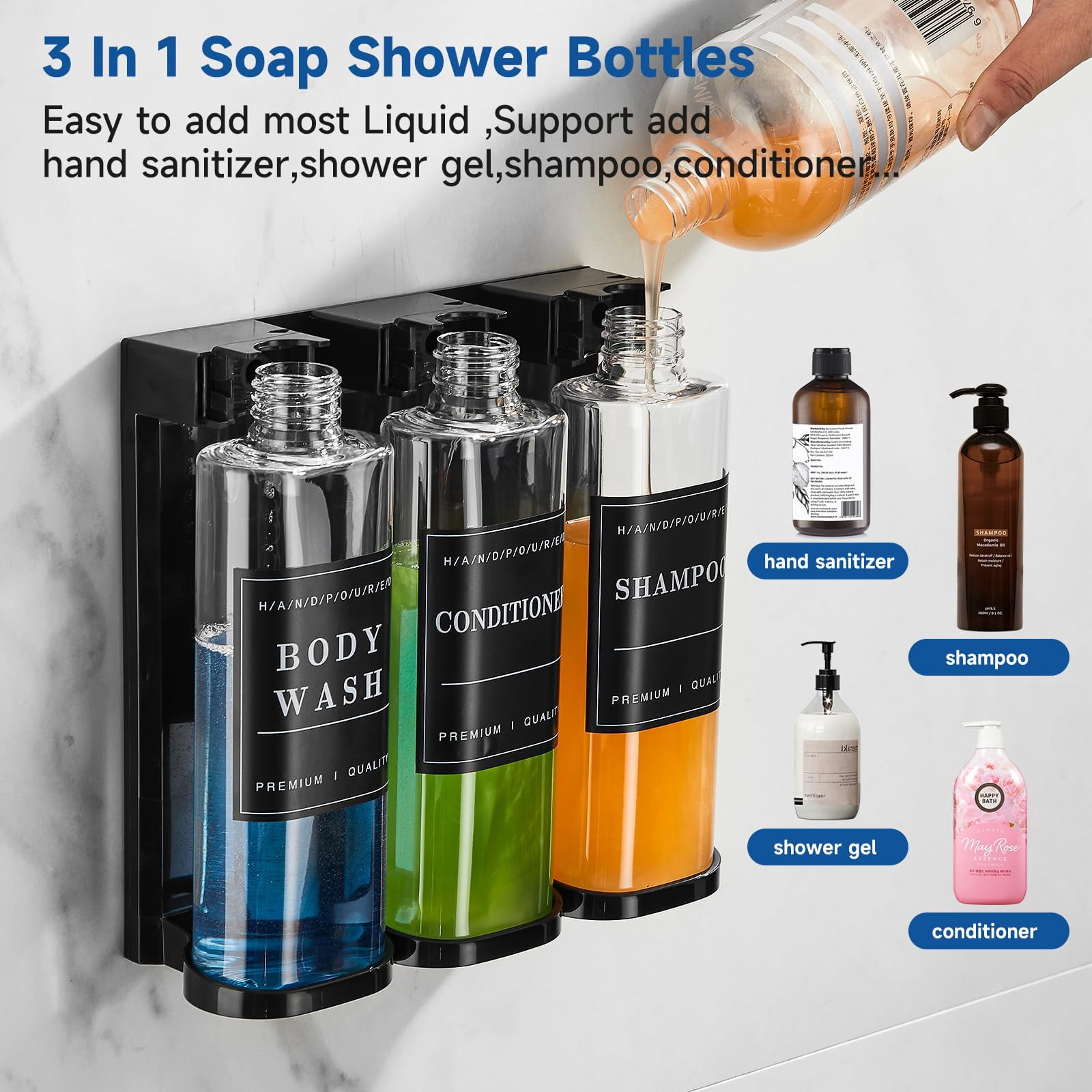 Shampoo and Conditioner Dispenser,Shower Soap Dispenser 3 Chamber No Drill Wall-Mounted Large Capacity