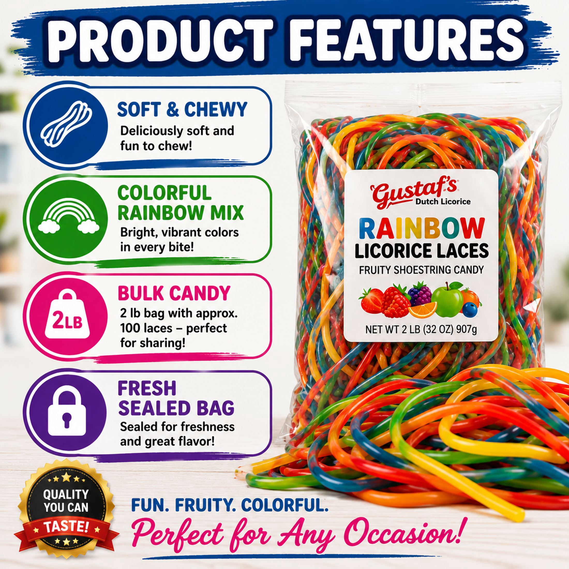 Gustaf's Rainbow Licorice Laces Candy 2 lb Bag Multi-Flavored Strawberry Apple Blue Raspberry Tutti Frutti