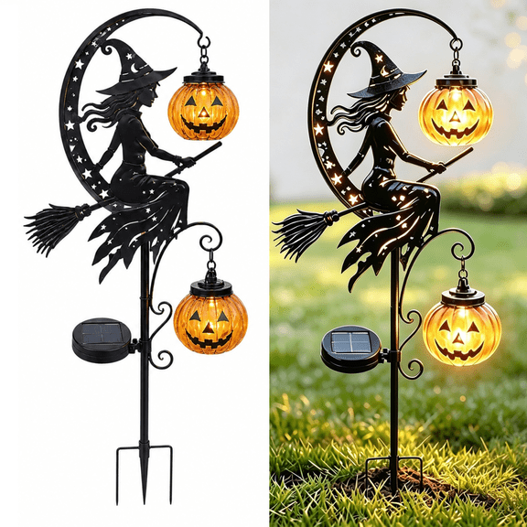 Solar Halloween Witch Garden Stake Light,Waterproof Metal Yard Decoration with 2 Hanging Pumpkin Lanterns, Outdoor LED Decor for Patio, Lawn,Pathway