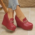 thumbnail image 4 of SACFOF Women’s Leather Slip-on Platform Wedge Heel Dressy Loafers with Metal Hook Loop Retro Round Toe Comfort Arch Support Non-Slip Platform High Heel Pumps Daily Office Walking Shoes, 4 of 6