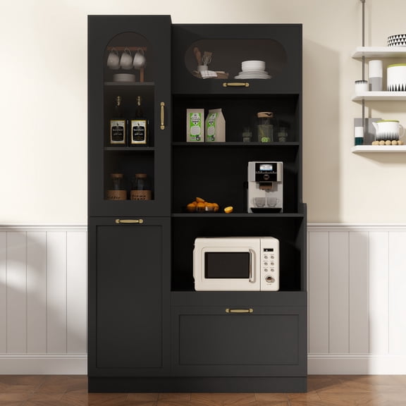 Euroco 70.8" Tall Kitchen Pantry Cabinet with Arched Glass Door,Farmhouse Buffet Storage Cabinet with Adjustable Shelves, Pull-Out Shelves & Drawer,Freestanding Cupboard for Dining Room,Black
