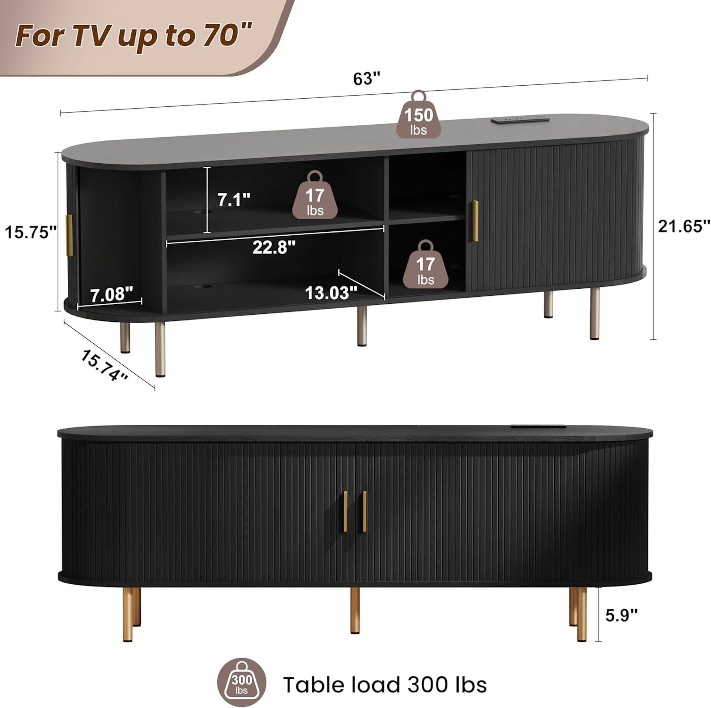 AISWORD 63 Inch TV Stand with Power Outlet for TVs up to 70 Inch, Entertainment Center with Storage and Adjustable Shelves, Media Console with Sliding Doors for Living Room, Black