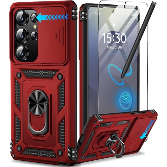 for Samsung Galaxy S25 Ultra Case with Screen Protector & Slide Camera Lens Cover, Built-in Magnetic Ring Stand Shockproof Protective Phone Case for Samsung S25 Ultra Case (Red)