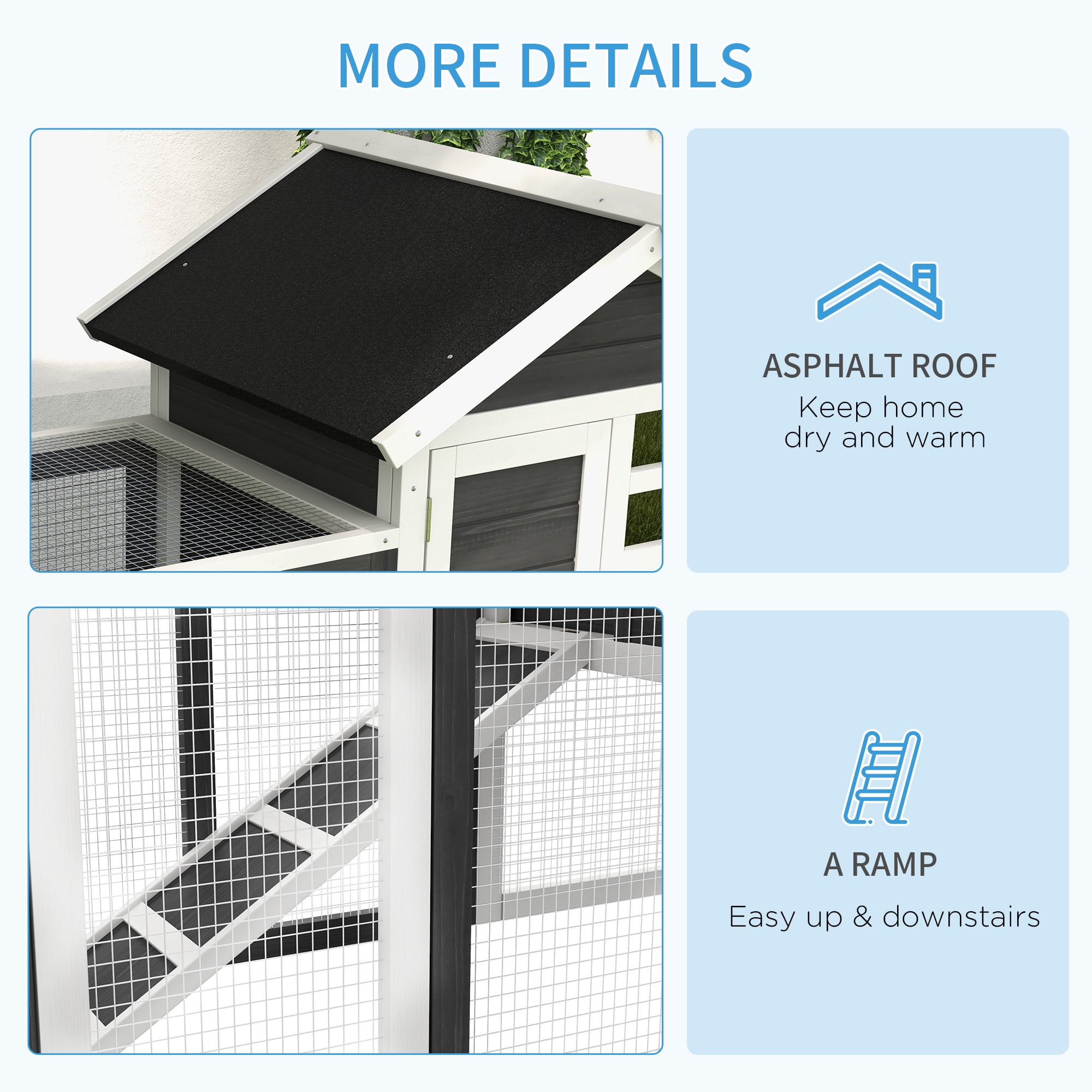 Dog Bed PawHut 48" Wooden Rabbit Hutch Bunny Cage with Waterproof Asphalt Roof, Fun Outdoor Run, Removable Tray and Ramp, Grey,Large Dog Bed