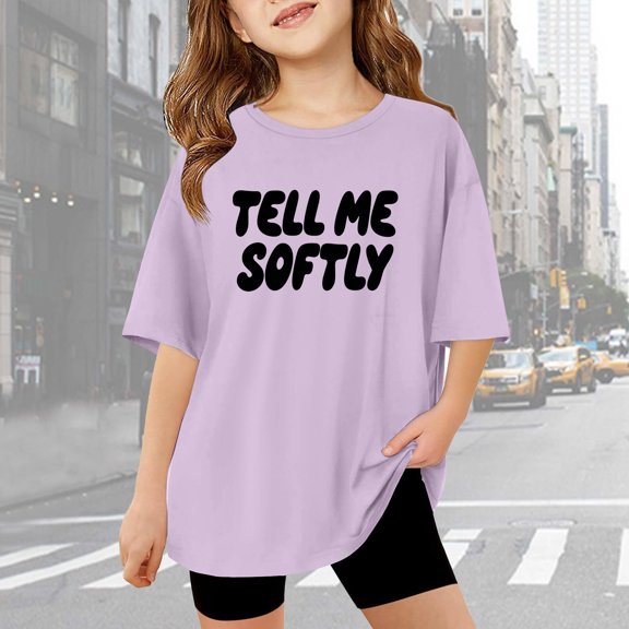 Stylish Graphic Letter Print Casual Short Sleeve Tees Shirts For Girls Daily Comfortable Wear, 11-12 Years, Purple