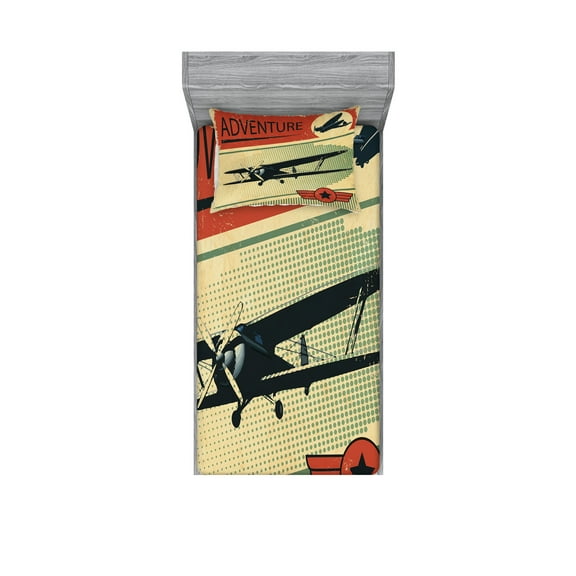Ambesonne Vintage Fitted Sheet & Pillow Sham Set, Adventure with Plane, Twinxl, Multicolor