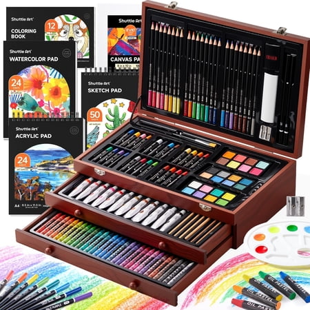 Shuttle Art Deluxe Gift Art Kit, 202-Piece Wooden Art Supplies Set with 4 Drawing Pads, Canvases, Coloring Sheets, Acrylic Paint, Crayons, Oil Pastels, Colored Pencils