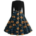 thumbnail image 4 of WTOBBY Women's Halloween Print Flare Dress with Spider Bat Pumpkin Pattern, Round Neck, Long Sleeves, and Hollow Party Design for Casual Retro Fashion ,Navy M, 4 of 5