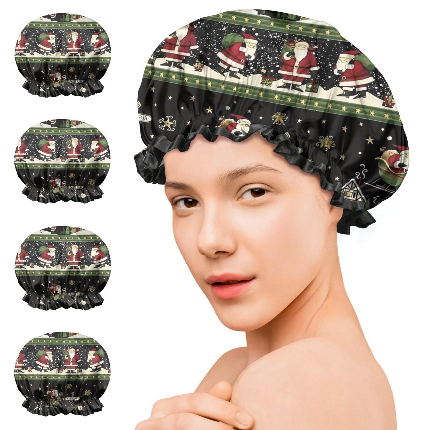 Shower Caps,Black Christmas Santa Pattern Waterproof Shower Cap for Women 4 Pieces,Double Reusable Hair Cover for Shower PEVA Elastic Stretch Hem