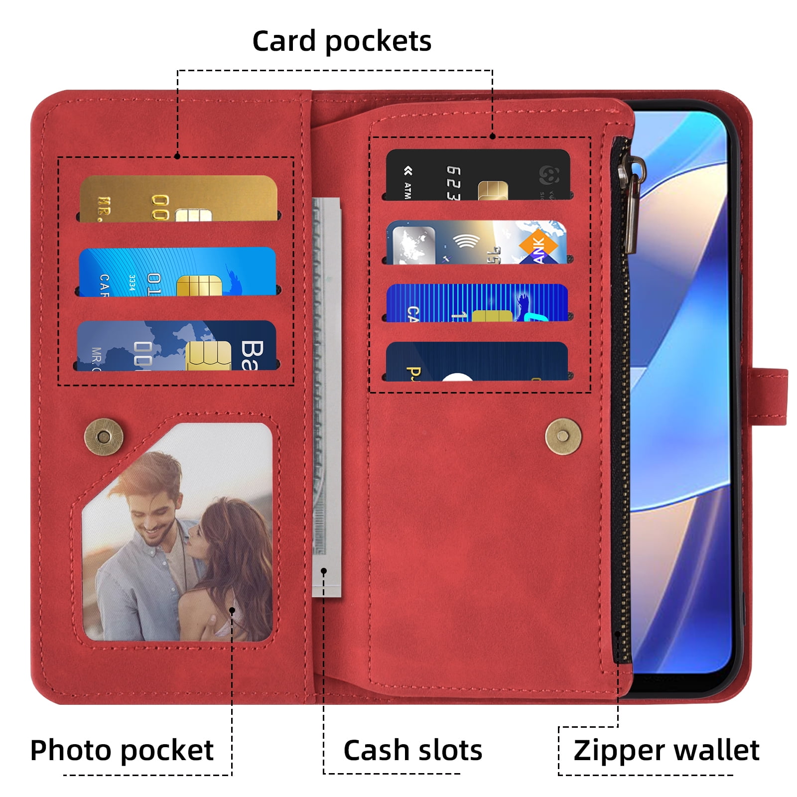 Asuwish Phone Case for Samsung Galaxy A16 5G/4G Wallet Cover With Tempered Glass Screen Protector Crossbody Wrist Strap Flip Pattern Zipper Credit Card Holder Stand Cell A 16 16A SM-A166U Women Red