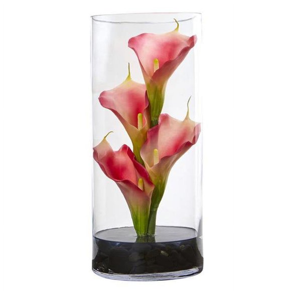 Nearly Natural 1522-PK 14 in. Calla Lily Artificial Arrangement in Cylinder Glass, Pink