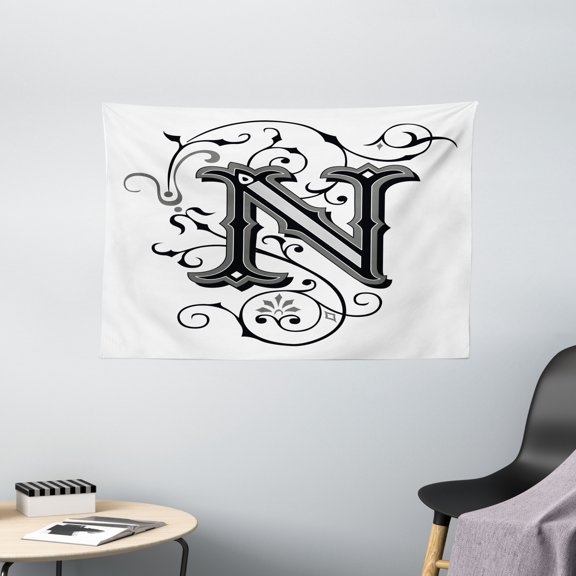 Letter N Tapestry, Middle Ages Inspired Capital N Abstract Elements Black Dark Colored Palette, Wall Hanging for Bedroom Living Room Dorm Decor, 60W X 40L Inches, Black Grey White, by Ambesonne