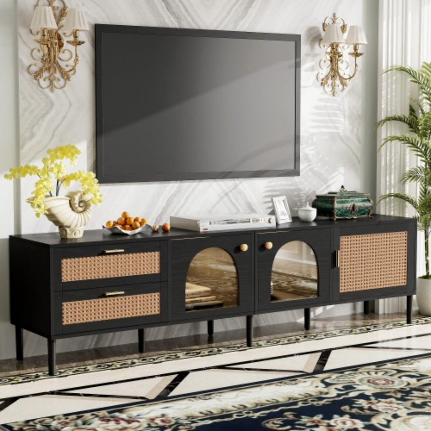 Rattan TV Stand for 80" TV, LED Entertainment Center with 3 Cabinets 2 Drawers, Modern Media Console with Cable Management, Black