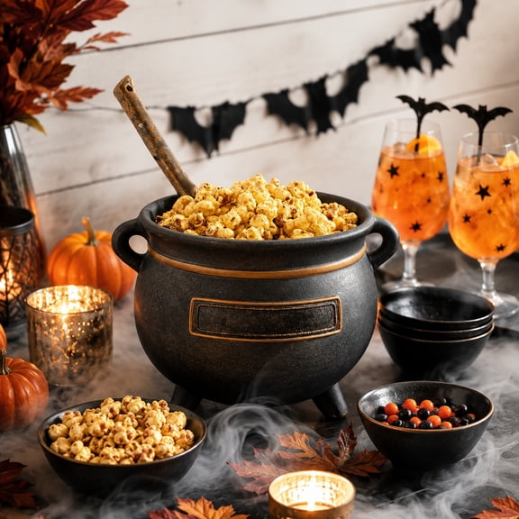 Valora Bella Vintage Witch Cauldron Decor with Spoon - 7.9" Handmade Halloween Decoration Candy Bowl, Gothic Farmhouse Potion Pot - Antique Style Witch Kitchen Decor for Fall Home Party Display