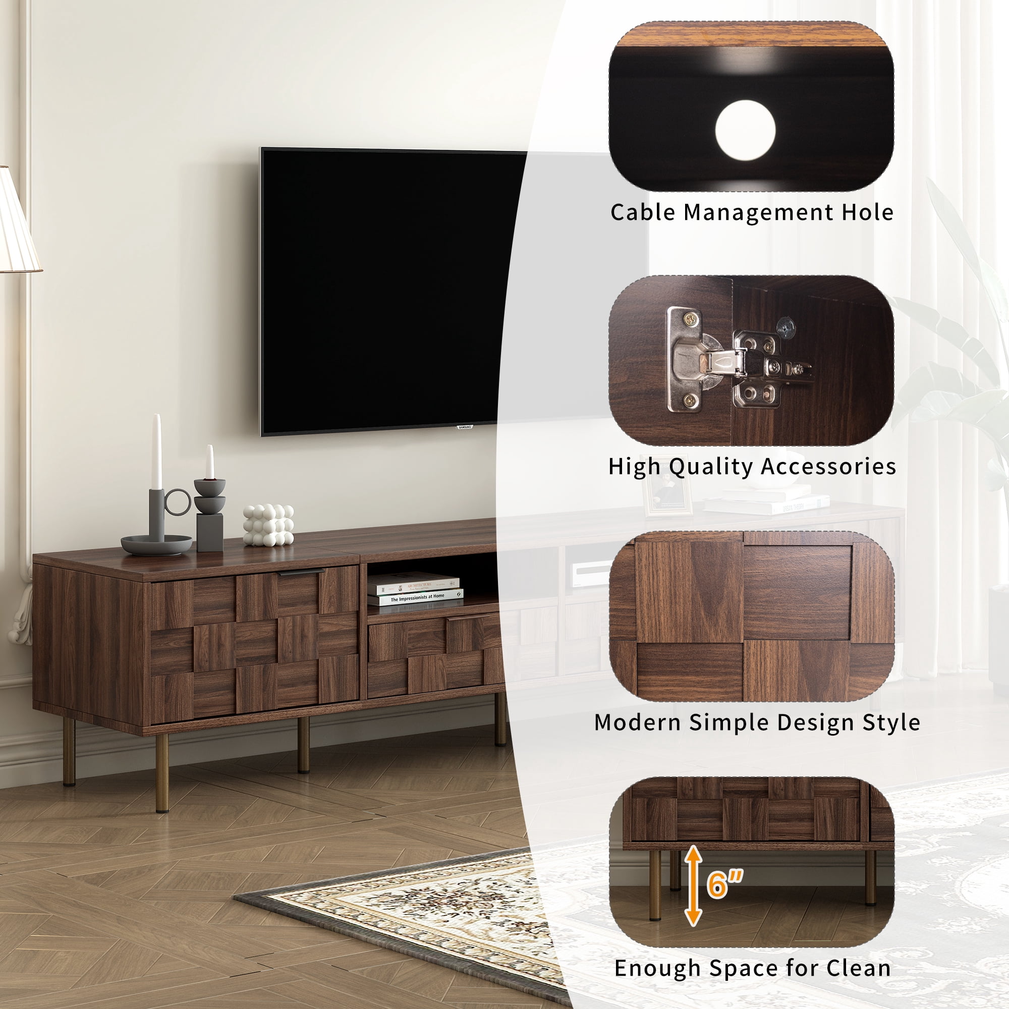 TV Stand for TVs up to 85 Inch, Mid-Century Modern Entertainment Center with 2 Drawers & 4 Cabinets, Media Console for Living Room