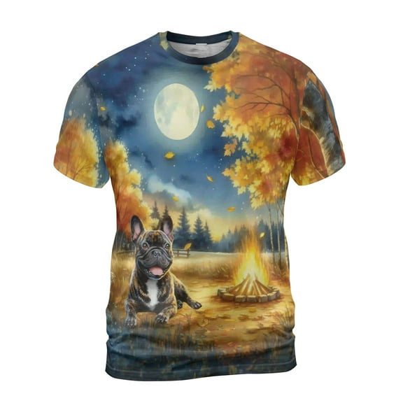 Hello Fall French Bulldog Enjoys Warm Campfire Autumn Night Bright Moon All Over Print 3D Shirt Unisex Merch Dog Lover Gifts - 01008