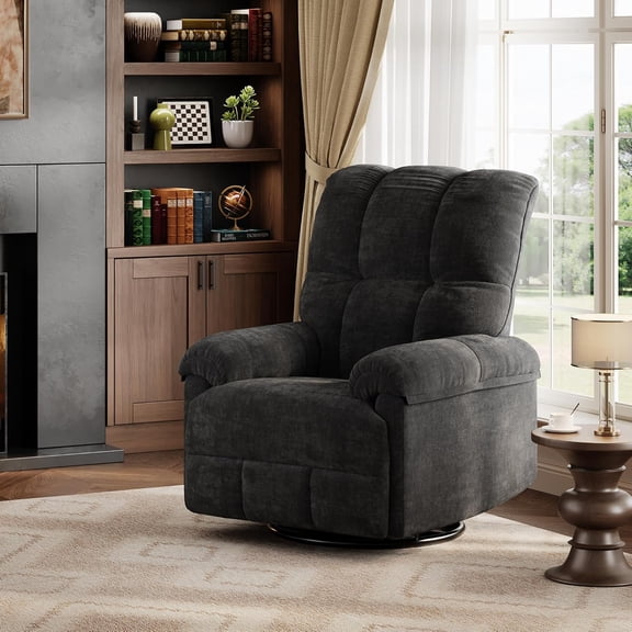Recliner Chair, 360° Swivel Rocker Glider Nursery Chair with Padded Armrest and Deep Seat, Chenille Upholstered Reclining Sofa Chair for Living Room, Bedroom and Nursery (Black)
