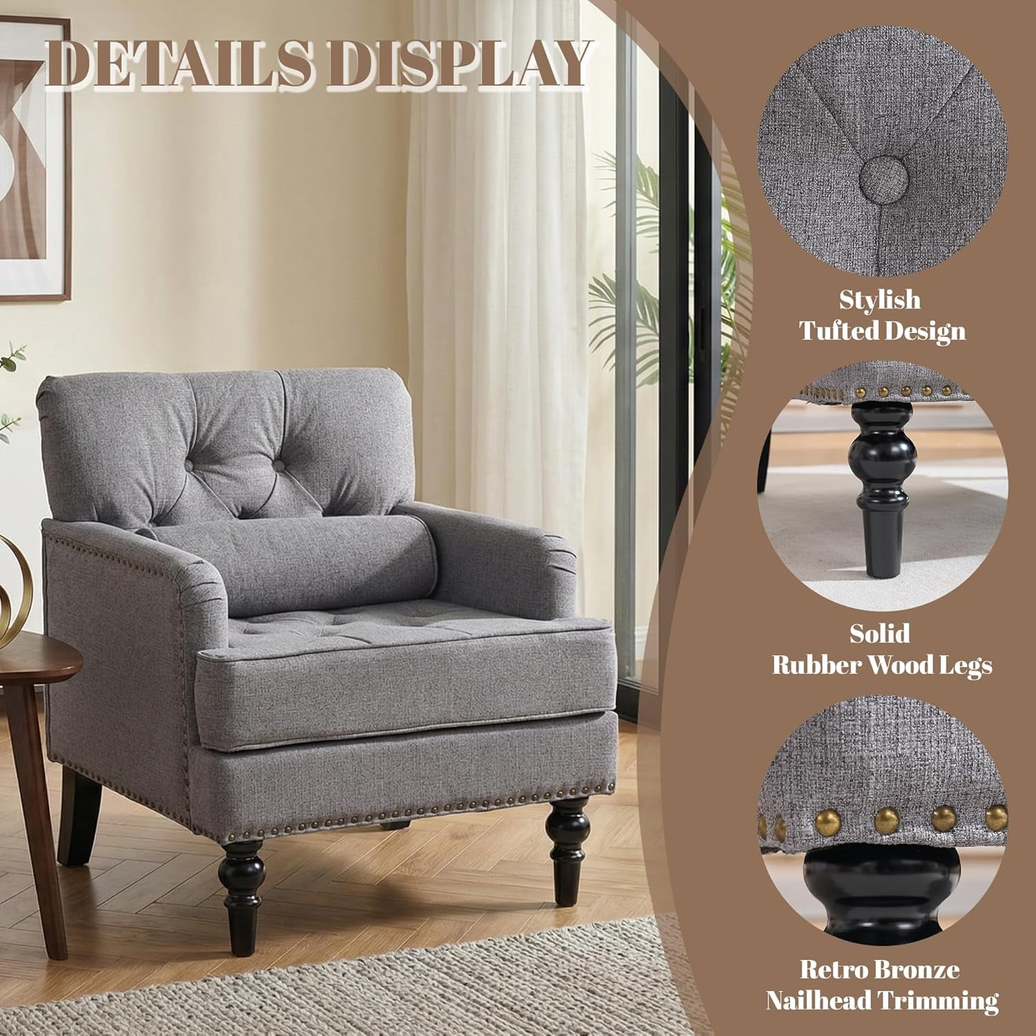 MOONMISS 26.4" Wide Accent Chair,tufted Club Chair With Linen Fabric,upholstered Button Armchair For Bedroom, Living Room,Gray