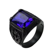 PAURO Men's Stainless Steel Vintage Gemstone Ring Engraved Flower Design Black Plated, Dark Blue Stone Size 11