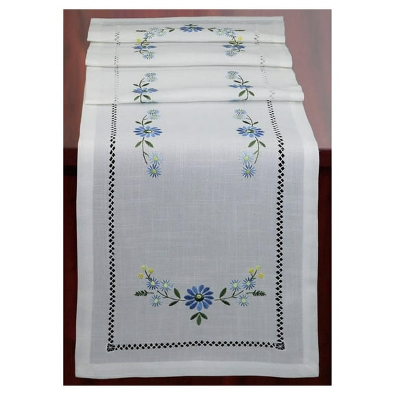 Hemstitch Embroidered Flower Table Runner 15x70 Dresser Scarf White Blue Rectangular 15x70"