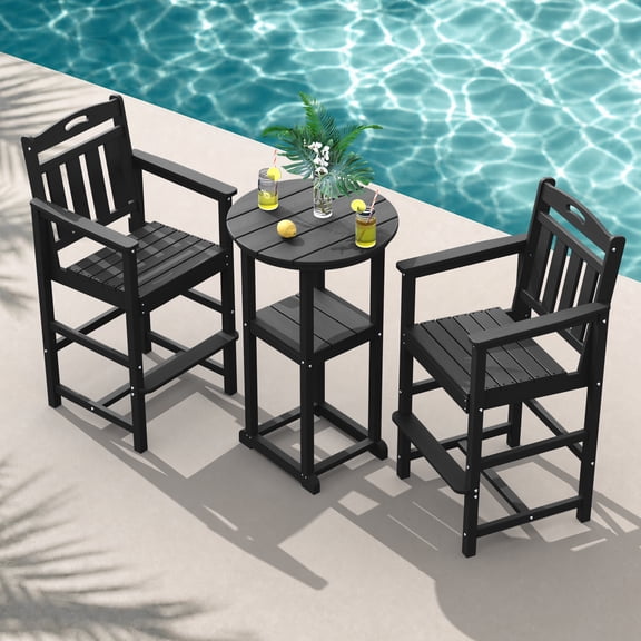 MUCHENGHY 3-Piece Outdoor Bar Set, HDPE Round Table & 2 Tall Chairs, Black