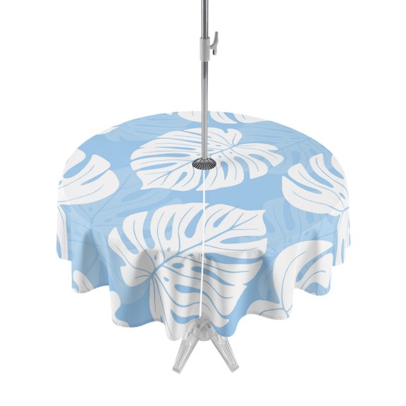 Outdoor Tablecloths with Umbrella Hole & Zipper, Tropical Leaves Round Tablecloth 54 Inch, Summer Natural Botanical Monstera Leaf Blue Waterproof Table Cloth, Patio/Pool/Picnic Table Covers
