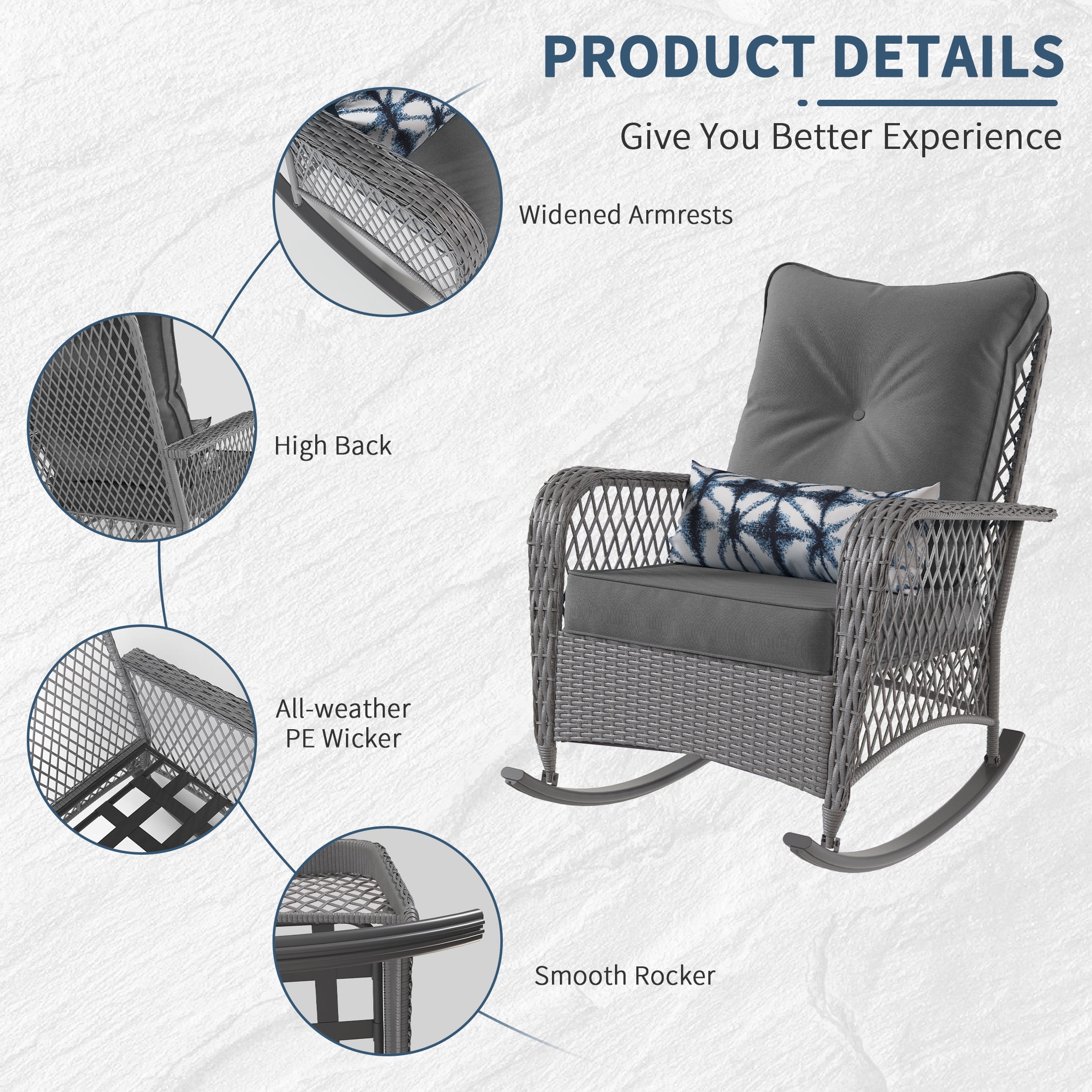 Poteban 3-Piece Outdoor Rocking Chairs, Wicker Patio Furniture with Thickened Cushions and Table for Porch (Gray)