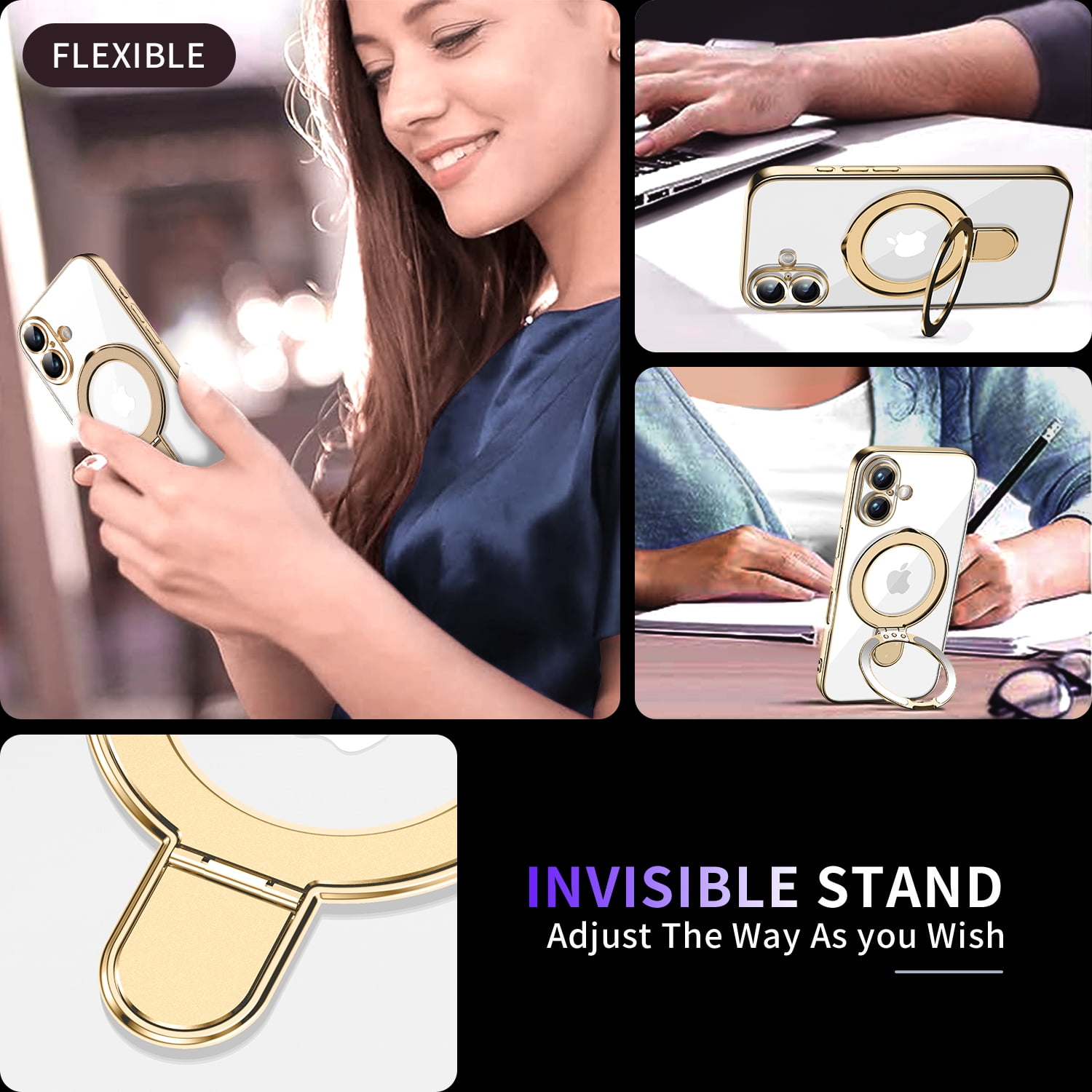 JETeacka Magnetic for iPhone 16 Case with Invisible Kickstand, MagSafe Compatible, Camera Protection, Shockproof Not Yellowing Slim Soft Cover, Gold