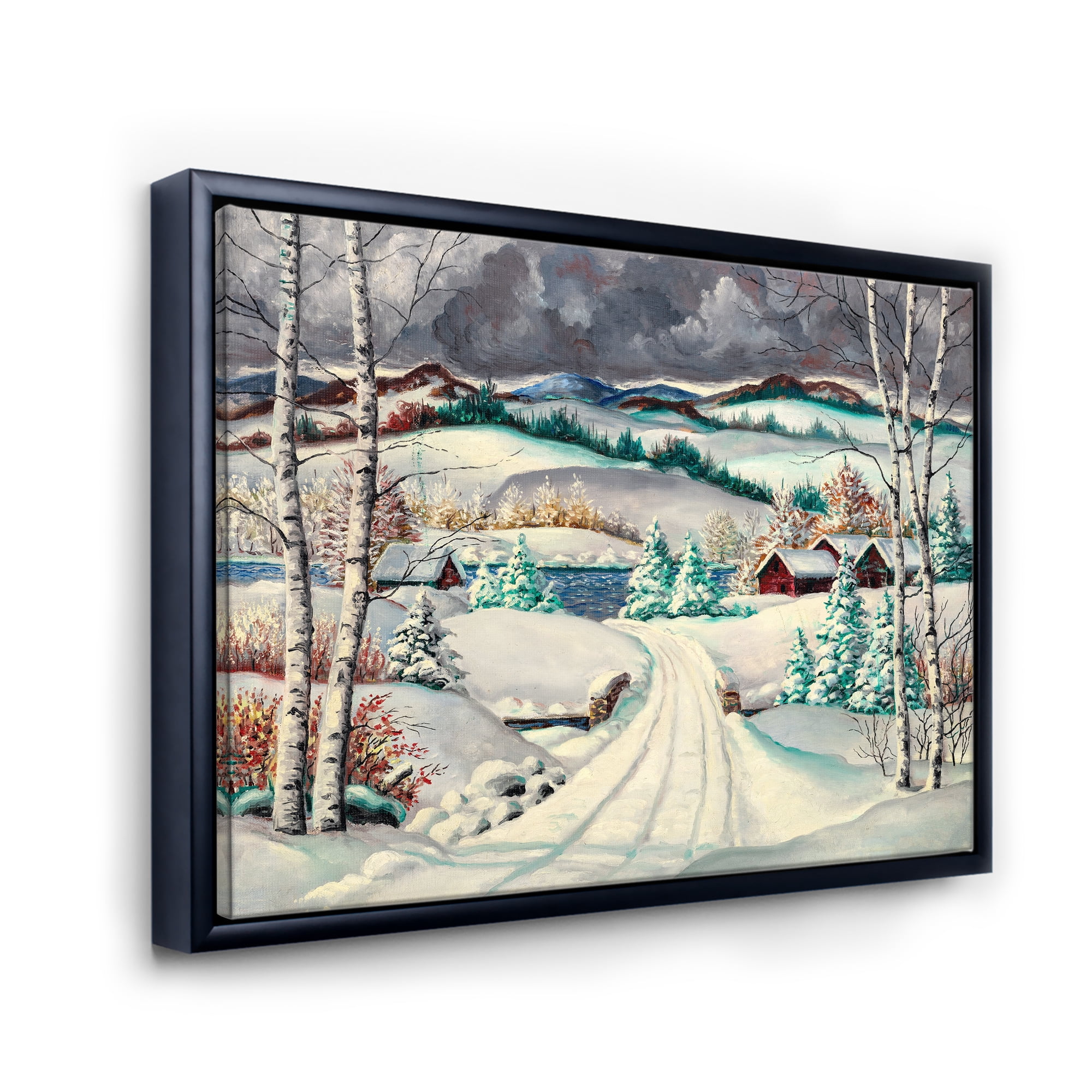 Designart 'Snowy Road In Countryside Winter Landscape' Traditional Framed Canvas Wall Art Print