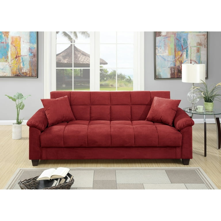 Contemporary Living Room Adjustable Sofa Red Color Microfiber Plush Storage Couch 1Pc Futon Sofa W Pillows