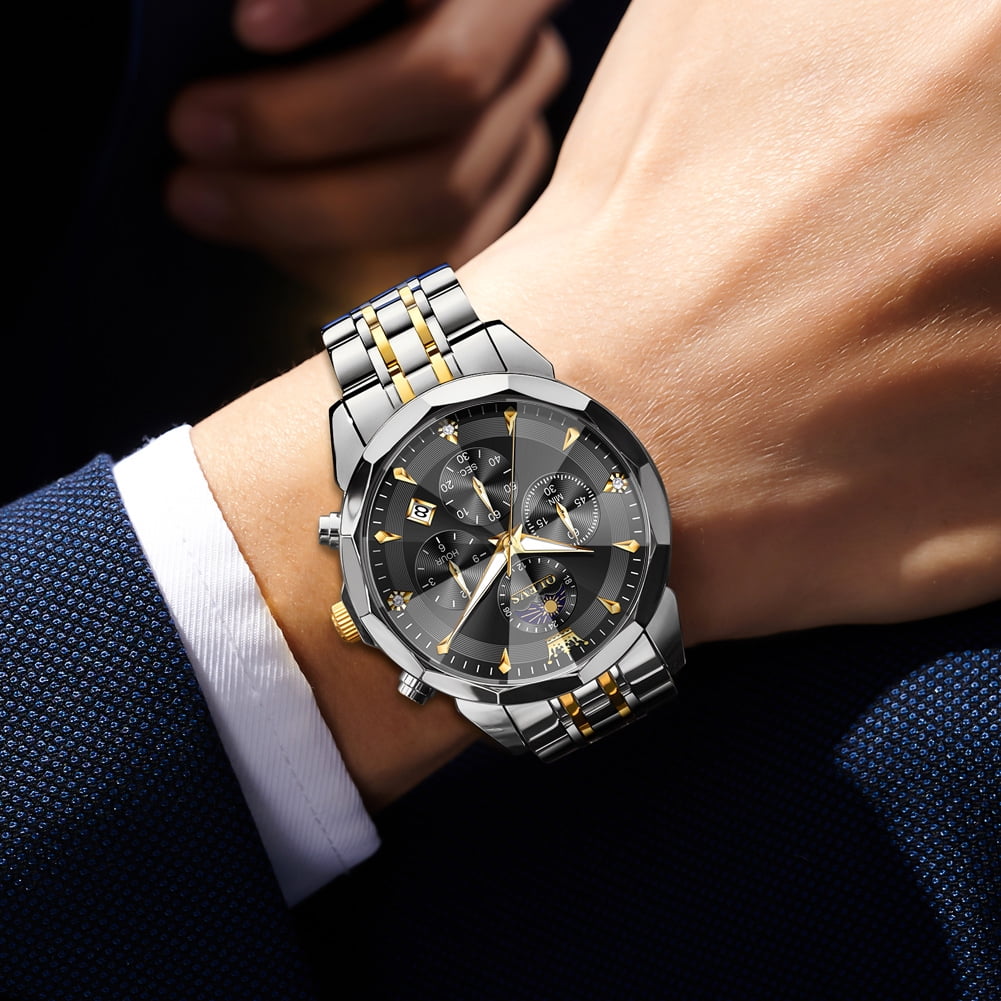 OLEVS Watches For Men Business Dress Luxury Casual Chronograph Multifunction Analog Quartz Stainless Steel Waterproof Luminous Moon Phase Date Men Wrist Watches Reloj Para Hombre Black Dial