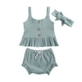 thumbnail image 4 of Qiylii 3 Pcs Baby Girls Solid Color Outfits,Short Sleeve Tops+Shorts + Headband, 4 of 9