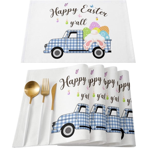 Easter Placemats Easter Eggs Truck Tablemats for Dinner Table, Bunny Tail Blue Check Plaid Table Mats for Easter Spring Holiday Set of 6 Cotton and Linen Washable
