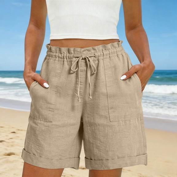 Hvogkswy Womens Linen Shorts Solid Color Drawstring Elastic Waist Shorts with Side Pockets Loose Breathable Summer Beach Casual Wide Leg Shorts
