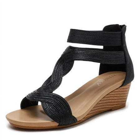 

Women s Peep Toe Rhinestones Wedge Sandals Summer Casual Bohemian Back Zipper Sandal