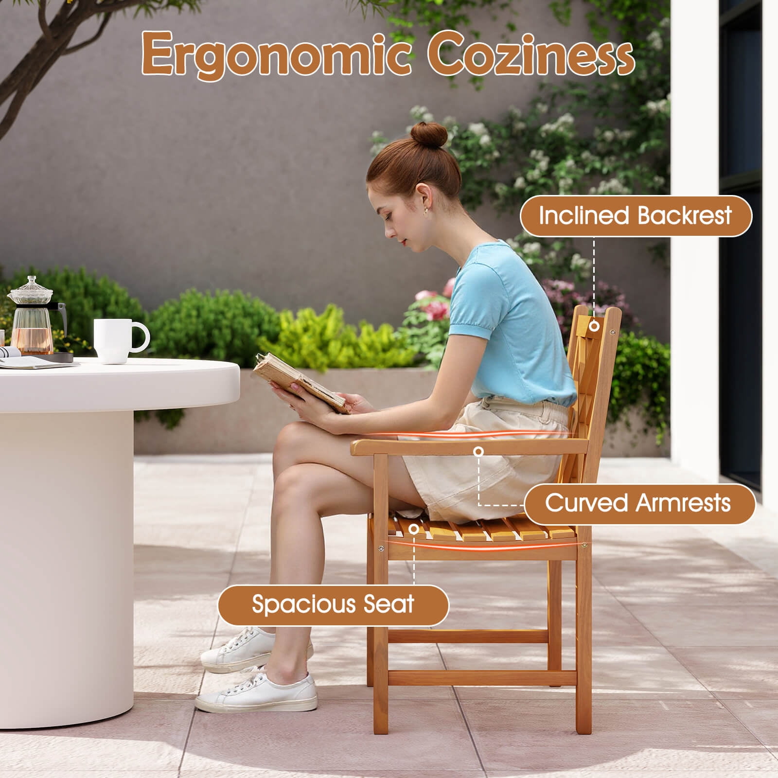 Costway Outdoor Dining Chairs Set of 2 Acacia Wood Slatted Patio Chairs with Armrests