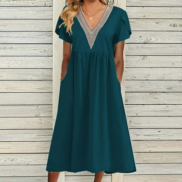 Lenago Robes d'Été pour Femmes Grande Taille Mode Femmes Décontracté Aguichant Col en V Imprimé Été Manches Courtes Poches Robe Fête Plage Robes en Liquidation