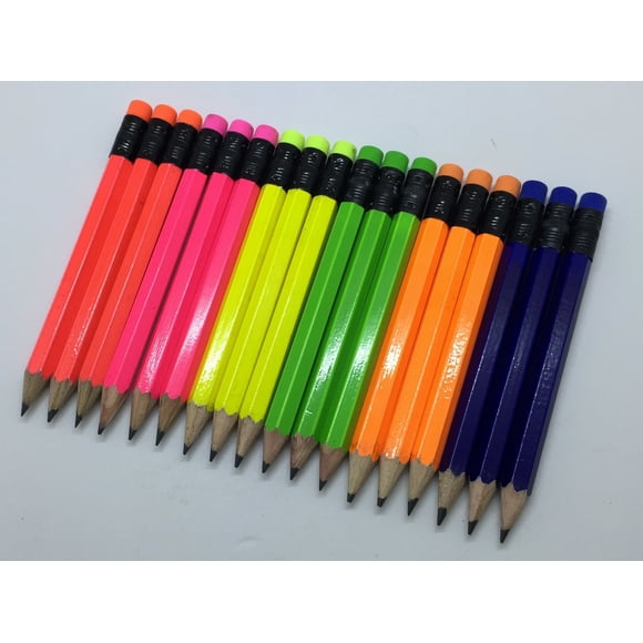 Golf Pencils with Eraser - Golf Classroom Pew Short Mini Half - Hexagon Sharpened 2 Pencil Color - Assorted Neons Pkg of 36 Pocket Pencils