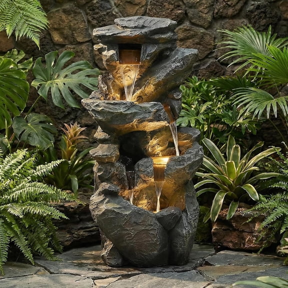 EPICOZY 39.2" Tall Outdoor Water Fountain, 5-Tier Realistic Natural Rock Cascading Waterfall Fountain with LED Lights, Resin Garden Water Feature for Patio, Deck, Backyard and Home Art Décor