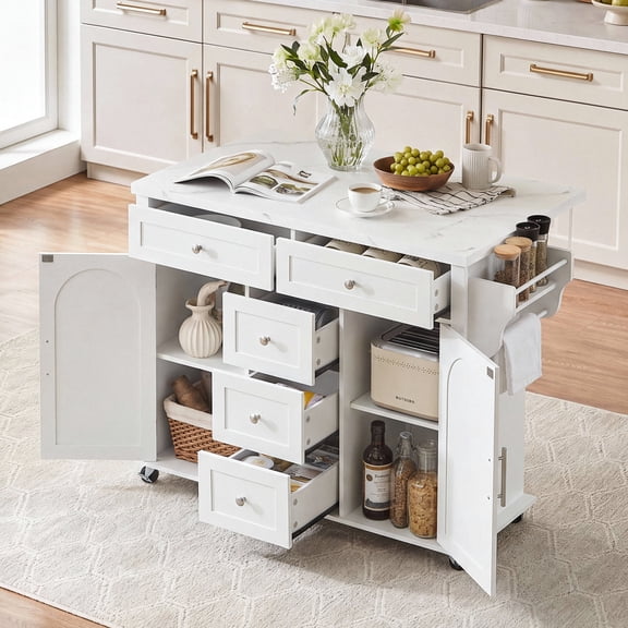 ROGALIS 47" Kitchen Island Cart with Storage, Faux Marble Top, Drop Leaf, Power Outlets & USB Ports, Rolling Kitchen Island, White