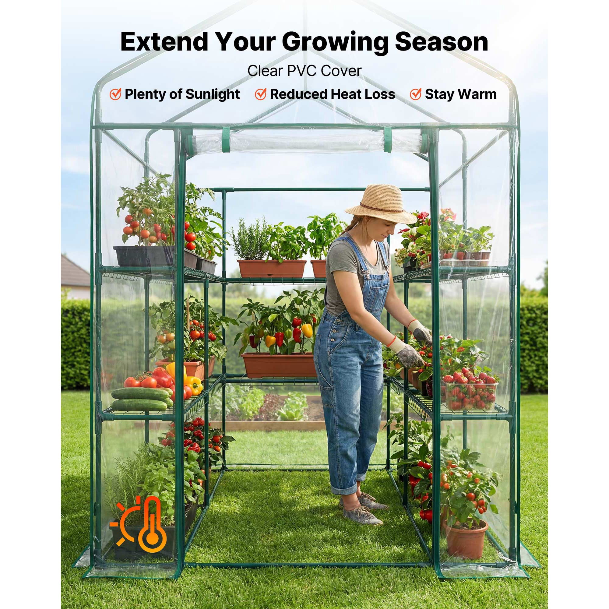 KFFKFF Walk-in Greenhouse, 54" x 54" x 77.2" Outdoor Greenhouse with PVC Cover, 2-Tier 10-Shelf Design, Roll-Up Zipper Door, Portable Garden Hot House for Backyard and Plants