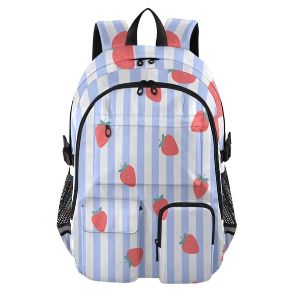 DIXRUYEE Blue Striped Strawberry Pattern Backpack for School 14”Laptop Compatible with Reflective Safety Strips