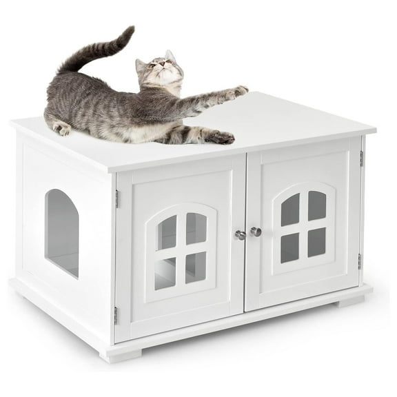 Wooden Cat Litter Box Enclosure Furniture , Kitty Washroom Storage Cabinet with Windows, Double Door, Litter Box End Table for Living Room, Bedroom, White Large