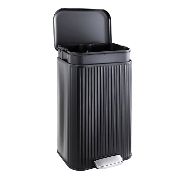 Kitchen Trash Can, Step Garbage Can with Soft-Close Lid, Stainless Steel Recycling Bin with Removable Inner Bucket, Fluted Design Rectangular Waste Container for Home, Office, Black, 13 Gallon
