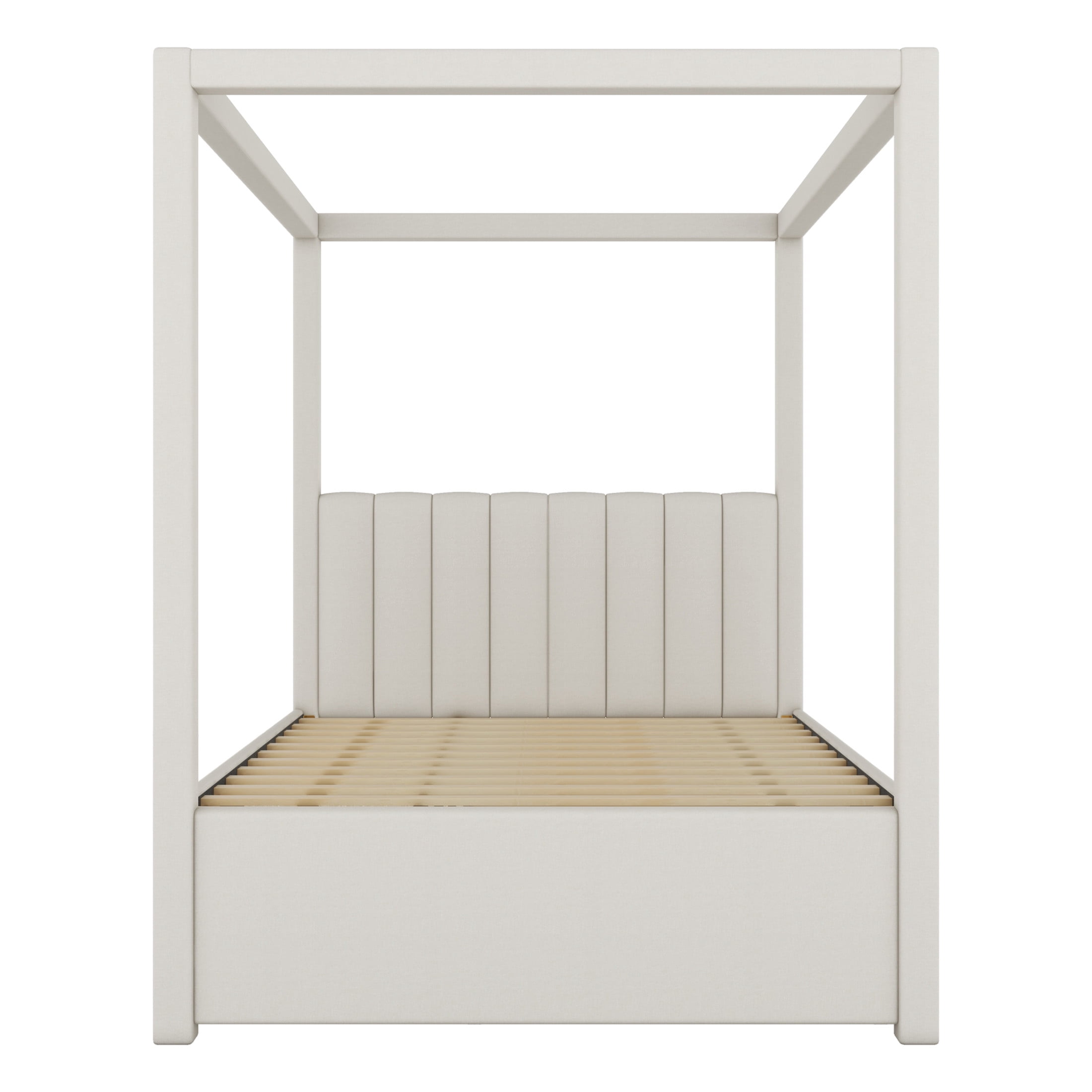 Noble House Full Canopy Platform Bed, Linen Upholstered Frame with Trundle and Storage Drawers, Beige