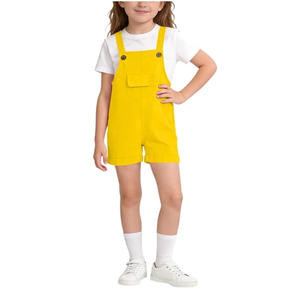 Yellow Girls Overall Shorts for Kids to Big Girl 2-15 Years | Stretch Nylon Spandex Play Shorts with Button Suspenders & Cuffed Hem,Size 3-4 T