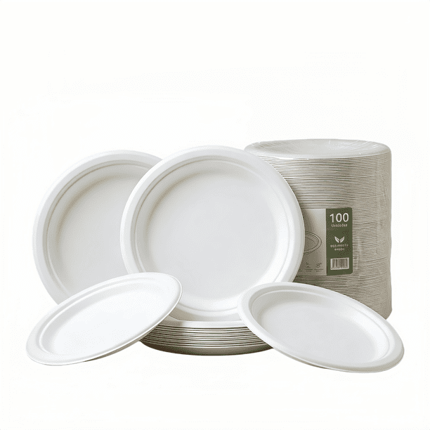 Platos Desechables Blancos 7/9 Pulgadas,100% Compostables | Hechos de Bagazo de Caña de Azúcar | Color Natural | Resistentes a Líquidos| Seguros | Ideales para Comidas al Aire Libre y Fiestas