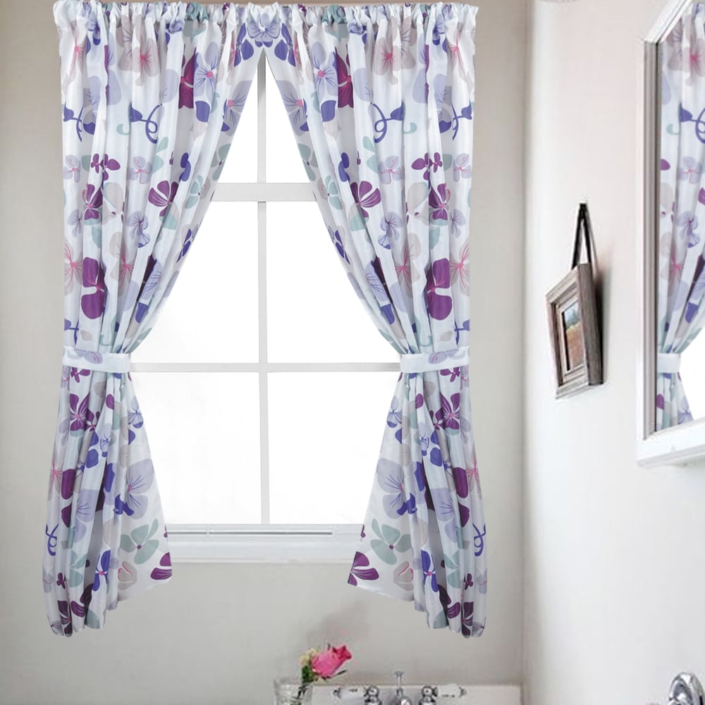 Fabric Bathroom Window Curtain Joanne Violet Floral Print W/Tie Backs