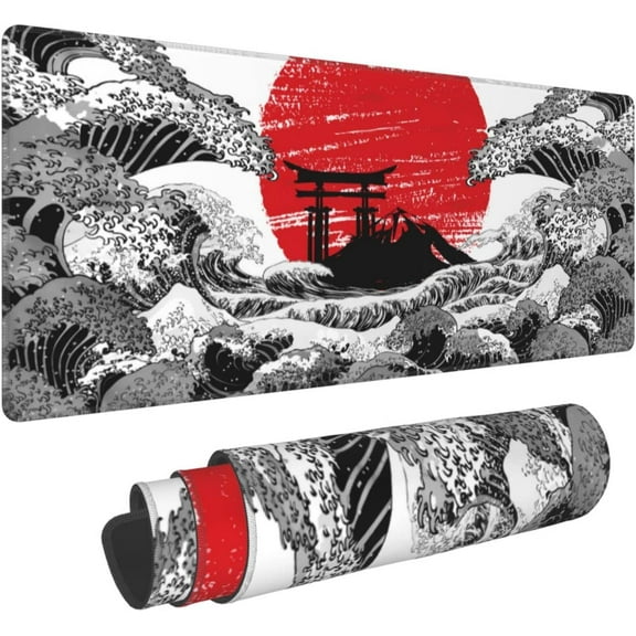 Japanese Black White Wave Red Sun Mouse Pad XL Extended Desk Mat, Non Slip Rubber Base Stitched Edge Gaming Pc Desktop Large Mice Pad,31.5 x 11.8 Inch